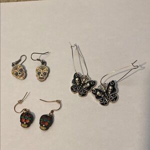 Skull and Butterfly Earrings Set - Silver and Black